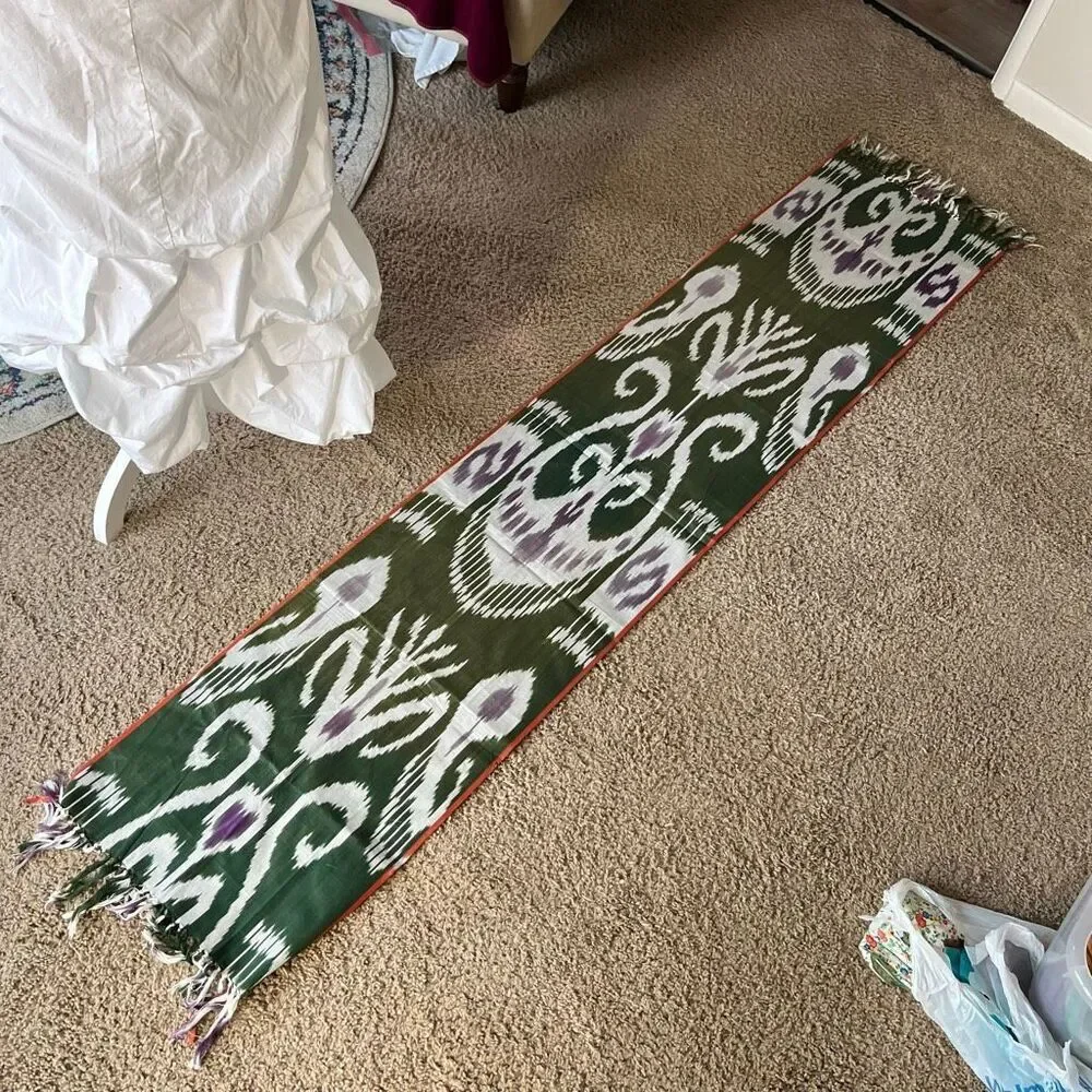 VTG Ikat Woven Scarf Shawl Green Purple Fringe Boho Wrap 70x15